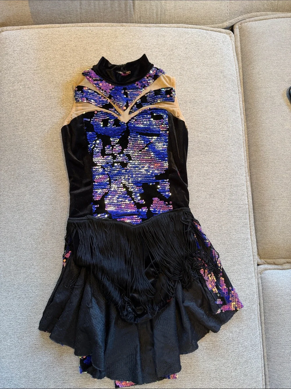 Costume: Girls Black Dance Dress with Iridescent Pink & Purple Sequins
